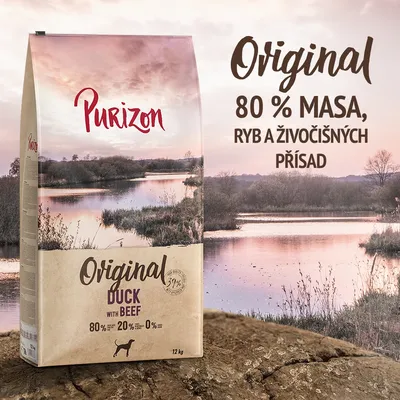 Purizon Original Duck with Beef, 12 kg. 80 % masa, ryb a živočišných přísad. 20 % ovoce a zeleniny. 0 % obilovin. Text: Original, 39 % proteinů. Purizon Original Duck with Beef, 12 kg. 80 % masa, ryb a živočišných přísad. 20 % ovoce a zeleniny. 0 % obilovin. Text: Original, 39 % proteinů.
