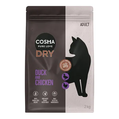 Cosma Pure Love Dry Adult, kacsahús és csirkehús, levegőn szárított, 100% gabonamentes, magas friss hústartalom, csak válogatott összetevők, 2 kg csomag.