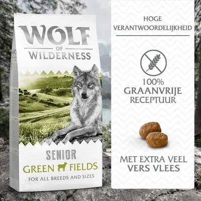 Wolf of Wilderness Senior Green Fields hondenvoer, 100% graanvrije receptuur, met extra veel vers vlees, hoge verantwoordelijkheid. Voor alle rassen en maten.