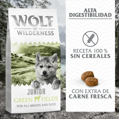Pienso Wolf of Wilderness Junior Green Fields. Alta digestibilidad, receta 100 % sin cereales, con extra de carne fresca. Para todas las razas y tamaños.