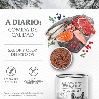 A DIARIO: COMIDA DE CALIDAD. SABOR Y OLOR DELICIOSOS. RECETA SIN CEREALES. SIN CONSERVANTES ARTIFICIALES. Wolf of Wilderness. 100% grain-free recipe.