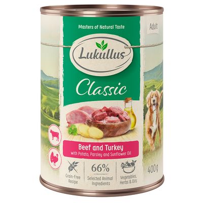 Lukullus Classic Beef and Turkey con patate, prezzemolo e olio di girasole, ricetta senza cereali, 66% ingredienti animali selezionati, verdure, erbe e oli, lattina da 400 g per adulti.