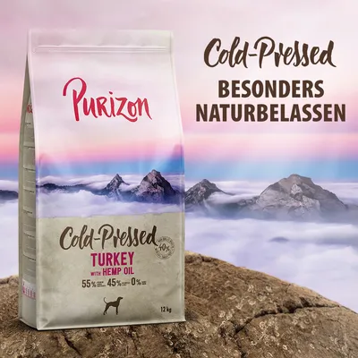 Purizon Cold-Pressed Turkey with Hemp Oil, 12 kg. 55 % viande, 45 % fruits/légumes, 0 % céréales. Texte allemand : Besonders naturbelassen.