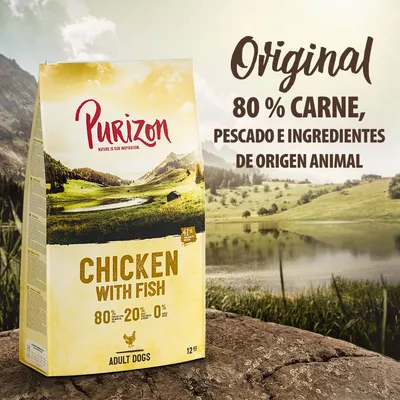 Purizon Chicken with Fish para perros adultos, 12 kg. Original: 80 % carne, pescado e ingredientes de origen animal. 80 % proteína animal, 20 % vegetales, 0 % cereales.