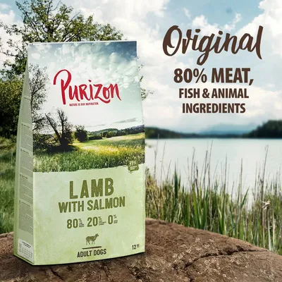 Purizon Original Lamb with Salmon for adult dogs, 80% meat, fish and animal ingredients, 20% fruit and vegetables, 0% grain, 12kg bag shown.