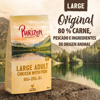 Purizon Large Adult Chicken with Fish, 12 kg. Original, 80 % carne, pescado e ingredientes de origen animal. Para perros adultos grandes. 80 %–20 %–0 %.