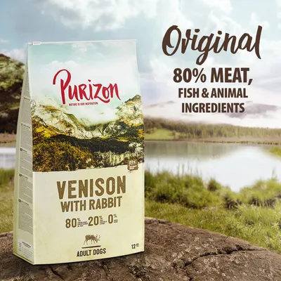 Purizon Venison with Rabbit for adult dogs, original recipe with 80% meat, fish and animal ingredients, 20% vegetables, 0% grain. 12kg bag shown.