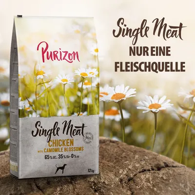 Purizon Single Meat Hundefutter, Chicken mit Kamillenblüten, nur eine Fleischquelle, 65% Fleisch, 35% Gemüse, 0% Getreide, 12kg Packung.