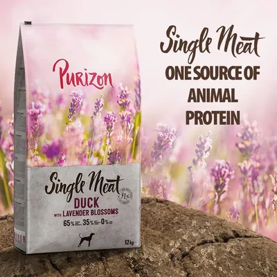 Single Meat duck with lavender blossoms, one source of animal protein, 65% meat, 35% vegetables, 0% grain, 12kg bag shown.