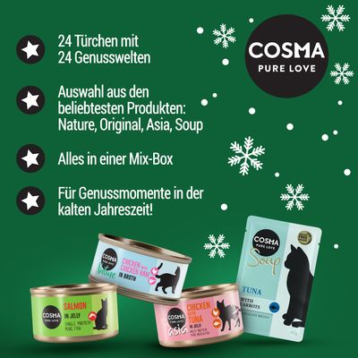 Cosma Pure Love. 24 Türchen mit 24 Genusswelten. Auswahl aus den beliebtesten Produkten: Nature, Original, Asia, Soup. Alles in einer Mix-Box. Für Genussmomente in der kalten Jahreszeit!