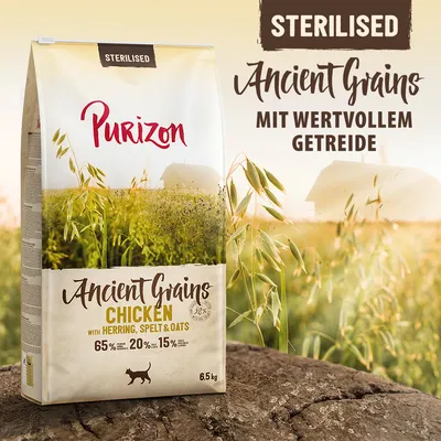Purizon Ancient Grains Sterilised, poulet avec hareng, épeautre et avoine, 65 % viande/poisson, 20 % céréales, 15 % légumes/fruits, sac de 6,5 kg. Texte allemand visible.