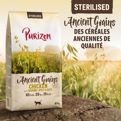 Purizon Sterilised Ancient Grains Chicken with Herring, Spelt & Oats, 65 % protéines animales, 20 % céréales anciennes, 15 % fruits/légumes, 6,5 kg. Des céréales anciennes de qualité.