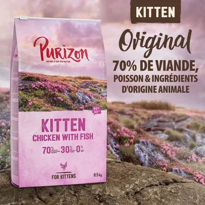 Purizon Kitten Chicken with Fish, 6,5 kg. 70 % viande, poisson et ingrédients d'origine animale, 30 % fruits et légumes, 0 % céréales. Pour chatons. Texte en anglais sur l'emballage. Purizon Kitten Chicken with Fish, 6,5 kg. 70 % viande, poisson et ingrédients d'origine animale, 30 % fruits et légumes, 0 % céréales. Pour chatons. Texte en anglais sur l'emballage.