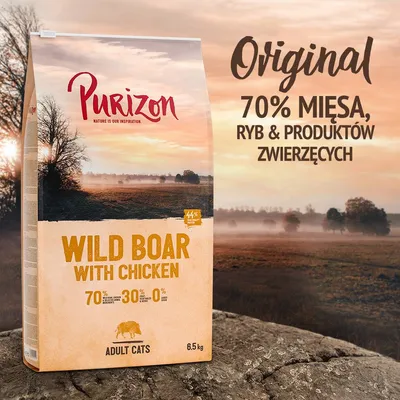 Purizon Wild Boar with Chicken, 6,5 kg dla dorosłych kotów. 70% mięsa, ryb i produktów zwierzęcych, 30% warzyw i owoców, 0% zbóż. Original. 44% białka.