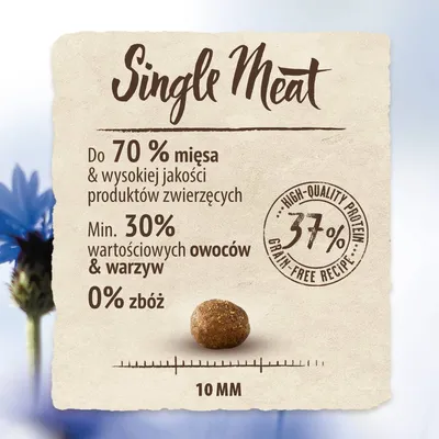 Single Meat. Do 70 % mięsa i produktów zwierzęcych, min. 30 % owoców i warzyw, 0 % zbóż, 37 % białka, średnica granulki 10 mm.