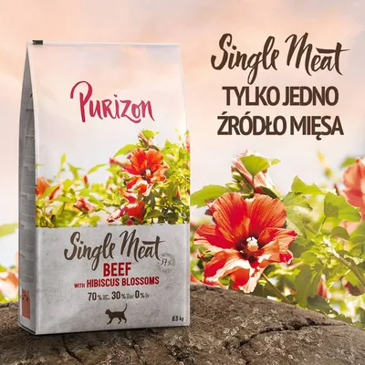 Purizon Single Meat Beef with Hibiscus Blossoms, 6,5 kg. Tylko jedno źródło mięsa. 70 % mięsa, 30 % warzyw, 0 % zbóż. Opakowanie z czerwonymi kwiatami hibiskusa. Purizon Single Meat Beef with Hibiscus Blossoms, 6,5 kg. Tylko jedno źródło mięsa. 70 % mięsa, 30 % warzyw, 0 % zbóż. Opakowanie z czerwonymi kwiatami hibiskusa.