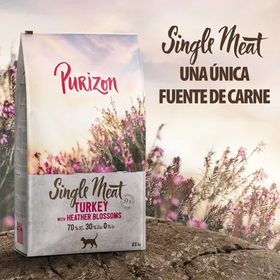 Purizon Single Meat Turkey with Heather Blossoms, 6,5 kg. Una única fuente de carne. 70 % – 30 % – 0 %. Texto en inglés y español visible en el envase.