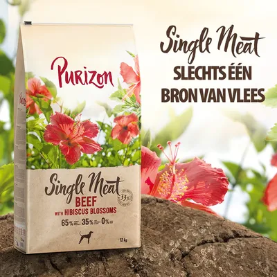 Purizon Single Meat Beef with Hibiscus Blossoms, 12 kg. Slechts één bron van vlees. 65% vlees, 35% overige ingrediënten, 0% granen. Hondensilhouet zichtbaar op verpakking. Purizon Single Meat Beef with Hibiscus Blossoms, 12 kg. Slechts één bron van vlees. 65% vlees, 35% overige ingrediënten, 0% granen. Hondensilhouet zichtbaar op verpakking.