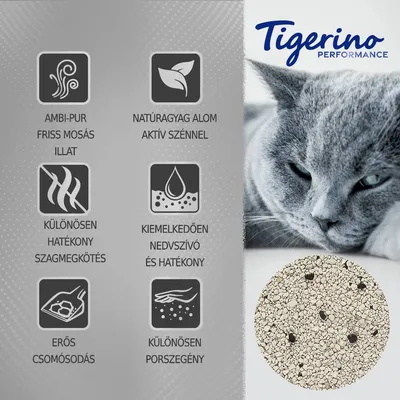 Tigerino Performance. Ambi-Pur friss mosás illat, natúr agyag alom aktív szénnel, különösen hatékony szagmegkötés, kiemelkedően nedvszívó, erős csomósodás, különösen porszegény.