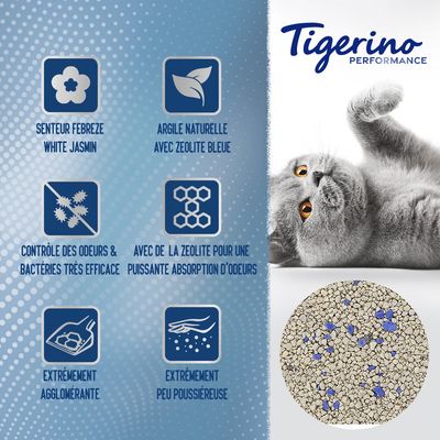 Tigerino Performance. Senteur Febreze White Jasmin, argile naturelle avec zéolite bleue, contrôle des odeurs et bactéries, absorption d’odeurs, extrêmement agglomérante, peu poussiéreuse.