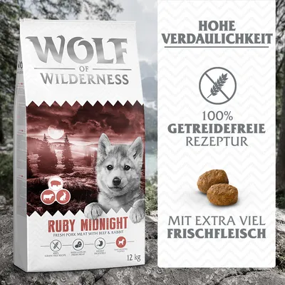 Wolf of Wilderness Ruby Midnight, 12kg. Hohe Verdaulichkeit, 100% getreidefreie Rezeptur, mit extra viel Frischfleisch. Frisches Schweinefleisch mit Rind und Kaninchen.