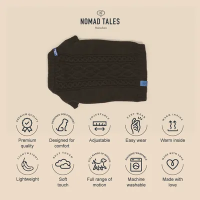 Nomad Tales München Hundepullover. Eigenschaften: Premiumqualität, Komfortdesign, verstellbar, leicht anzuziehen, warm, leicht, weicher Griff, Bewegungsfreiheit, maschinenwaschbar, hergestellt mit Liebe.