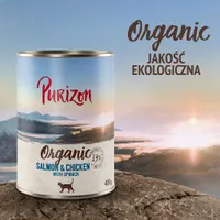 Purizon Organic Salmon & Chicken with Spinach, 13% mięsa, puszka 400 g. Widoczny napis: Organic jakość ekologiczna.