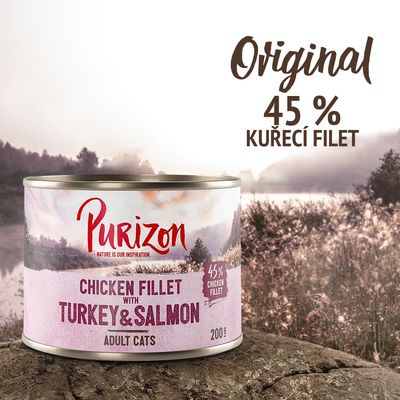 Konzerva Purizon Chicken Fillet with Turkey & Salmon pro dospělé kočky, 200 g. Text: Original 45 % kuřecí filet, 45 % chicken fillet.
