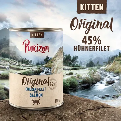 Purizon Kitten Original, 400 g, Chicken Fillet with Salmon. Texte visible : 45% Hühnerfilet, 14%. Emballage avec paysage de montagne. Pour chaton. Texte en anglais et allemand. Purizon Kitten Original, 400 g, Chicken Fillet with Salmon. Texte visible : 45% Hühnerfilet, 14%. Emballage avec paysage de montagne. Pour chaton. Texte en anglais et allemand.