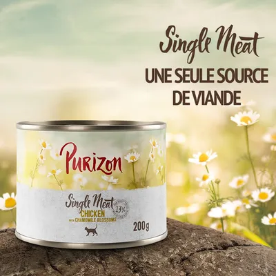 Boîte Purizon Single Meat Chicken with Chamomile Blossoms 200g, texte visible : Single Meat, une seule source de viande, 13 % protéines. Illustration fleurs de camomille.