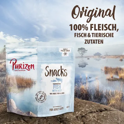 Purizon Snacks Fish with Beef, 100 % meat, fish & liver, for adult cats, 40 g. Texte en allemand : Original 100% Fleisch, Fisch & tierische Zutaten.