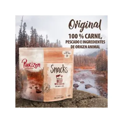 Purizon Snacks Beef with Chicken. Original. 100 % carne, pescado e ingredientes de origen animal. Bolsa de 100 g visible sobre fondo de paisaje natural.