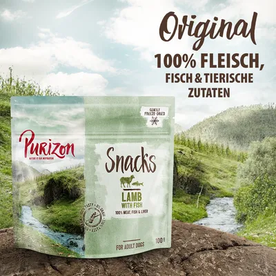 Purizon Snacks Lamb with Fish, 100% Fleisch, Fisch und tierische Zutaten, schonend gefriergetrocknet, für ausgewachsene Hunde, 100 g.