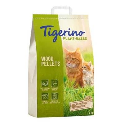 Tigerino Plant-Based Wood Pellets, fast clumping, flushable in toilet, extremely low dust, ideal for long-haired cats, with natural wood scent. 4 kg pack.