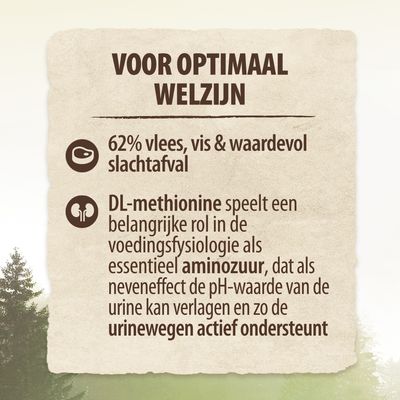 Voor optimaal welzijn: 62% vlees, vis & waardevol slachtafval. DL-methionine ondersteunt urinewegen door verlaging pH-waarde urine als essentieel aminozuur.
