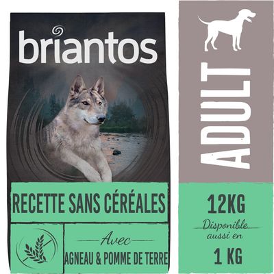 briantos RECETTE SANS CÉRÉALES Avec AGNEAU & POMME DE TERRE ADULT 12KG Disponible aussi en 1 KG