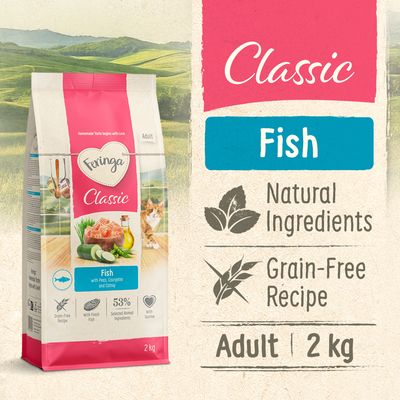 Feringa Classic Adult kattefoder med frisk fisk, ærter, zucchini og kattemynte. Kornfri opskrift, autentisk smag, med lakseolie. Pakningsstørrelse: 400g.