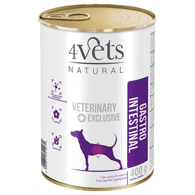 4Vets Natural Veterinary Exclusive Gastro Intestinal, lattina 400 g per cani. Testo visibile: grain free, betaglucani, flaxseed, ingredienti facilmente digeribili, high quality of protein.