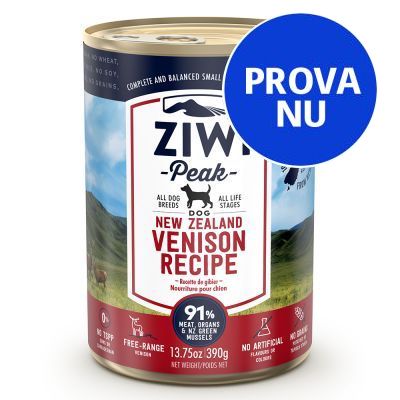 Ziwi Peak New Zealand Venison Recipe hundmat, 390 g burk. Text: 91 % meat, organs & NZ green mussels. Blå cirkel med texten PROVA NU.