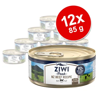 Lot de 12 boîtes Ziwi Peak NZ Beef Recipe pour chat, 85 g chacune. Texte visible : 92 % meat, organs & NZ green mussels. Étiquette en anglais.