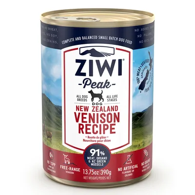 Ziwi Peak New Zealand Venison Recipe hundefoder til alle racer og livsstadier, 91% kød, organer og grønne muslinger, uden korn, kunstige tilsætningsstoffer eller sukker. 390g dåse.