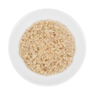 Nærbillede af findelt vådfoder i en hvid skål, beige farve og fin tekstur.