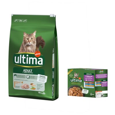 7,5 kg / 10 kg Ultima Crocchette + 4 x 70 g / 8 x 85 g Umido per gatti gratis! 10 kg Adult Pollo + 8 x 85 g Sterilized Mix II (pollo, manzo, tonno, pesce di mare)
