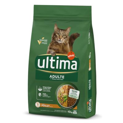 Sac de croquettes pour chat Ultima Affinity Adulte 1–10 ans, saveur poulet, 2,5 kg. Texte visible : « Poil brillant », « Facile à digérer », « SIN colorants conservateurs arômes artificiels ».