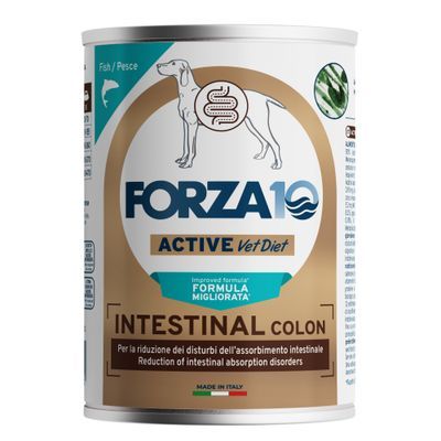 Blik Forza10 Intestinal Colon Dog natvoer, vis, gedroogd zeewier, single animal protein, Made in Italy. Tekst en tekening van hond met darmen zichtbaar op het etiket.