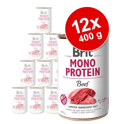 Brit Mono Protein Beef, 12 blikken à 400 g. Op het etiket: 'Limited Ingredient Diet', afbeelding van rundvlees, glutenvrij symbool zichtbaar.