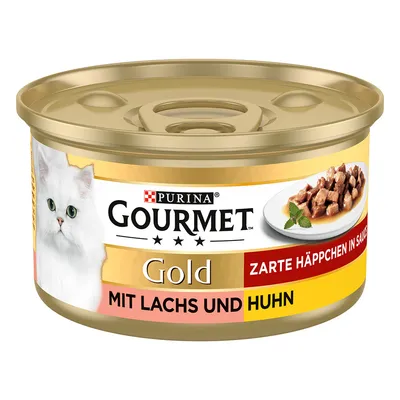 Purina Gourmet Gold, teneri bocconcini in salsa, con salmone e pollo. In foto: lattina con nome del prodotto e immagine dei bocconcini serviti.