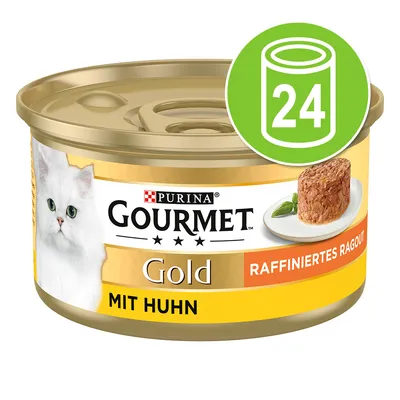 Purina Gourmet Gold Raffiniertes Ragout mit Huhn, Dose mit grünem Symbol für 24 Stück.