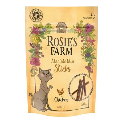 Rosie's Farm Absolute Bliss Sticks, Chicken, Adult, 50g. Grain-free Rezept, wiederverschliessbare Verpackung mit Illustration einer Katze und Blumen.
