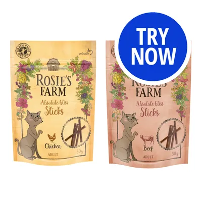 Two packs of Rosie's Farm Absolute Bliss Sticks for adults, one chicken flavour and one beef flavour, each 50g. Blue circle with white text reads 'Try Now'. Two packs of Rosie's Farm Absolute Bliss Sticks for adults, one chicken flavour and one beef flavour, each 50g. Blue circle with white text reads 'Try Now'.